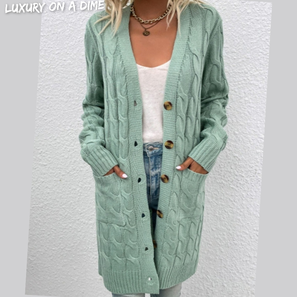 Chunky Cable-Knit Classic Button Front Long Cardigan Patch Pockets Fall Winter